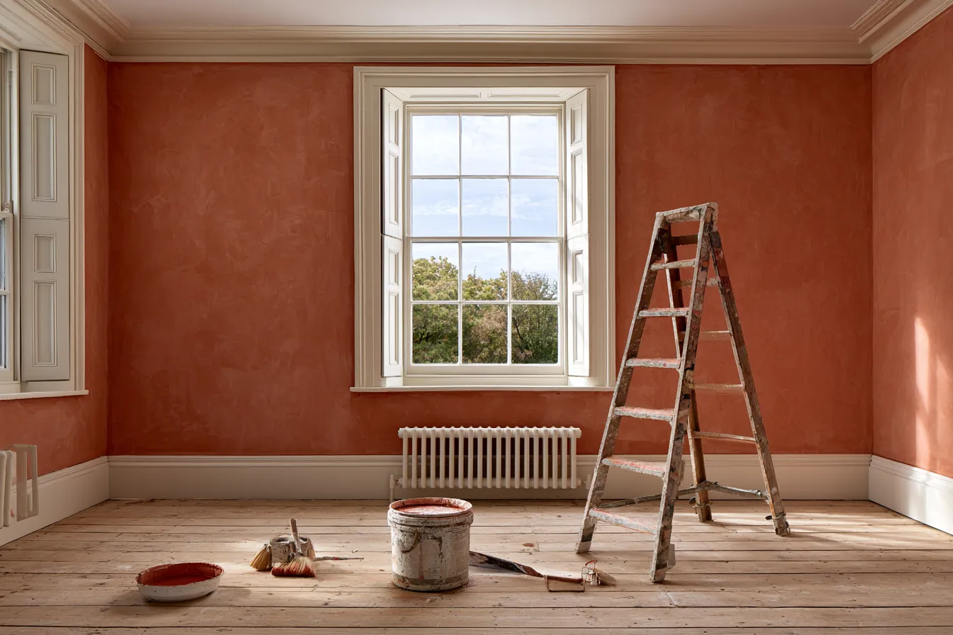 Before and after bedroom design makeover with warm colour palette and timber flooring