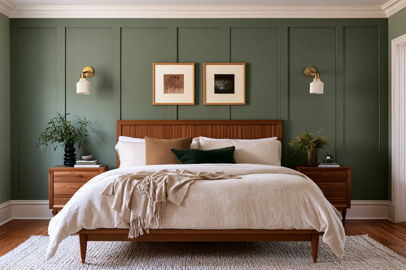 Bedroom color ideas featuring sage green accent wall with cream bedding and brass fixtures
