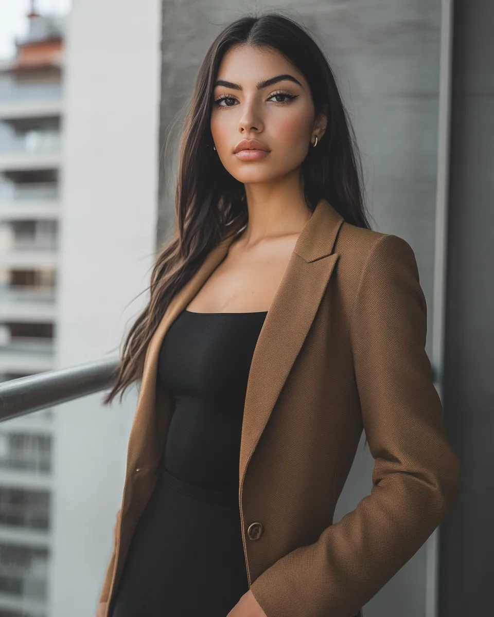 Bodycon dress outfit for office — black midi with camel blazer