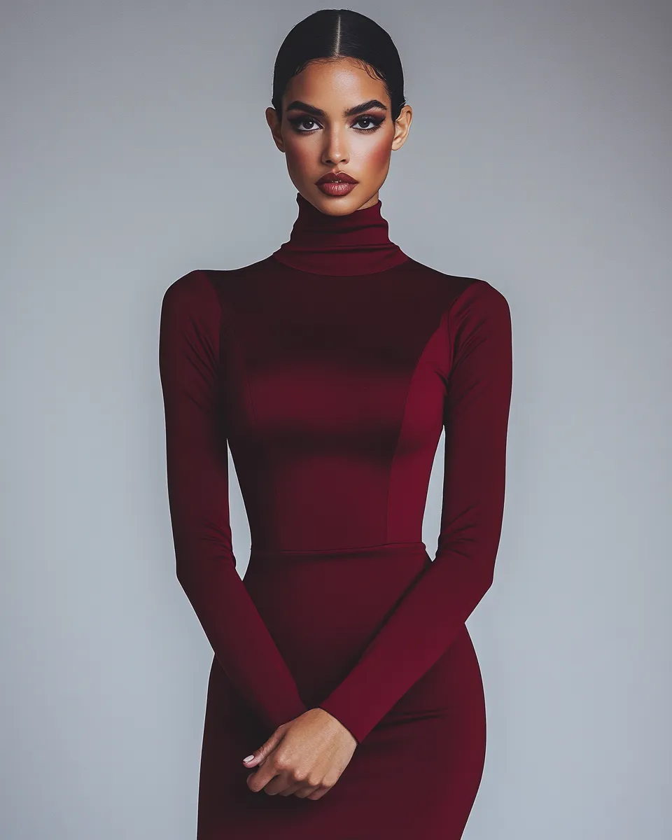 Long-sleeve bodycon dress outfit — burgundy midi editorial