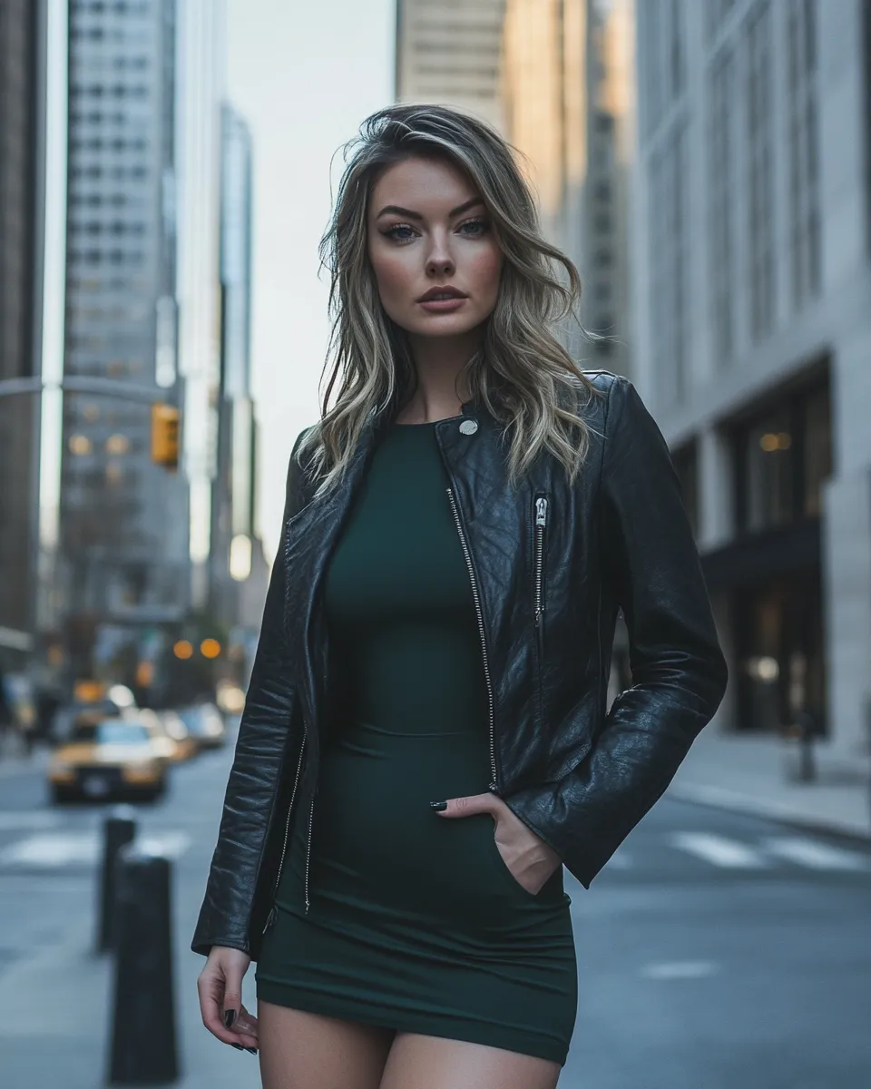 Forest green bodycon dress outfit — leather jacket night out look