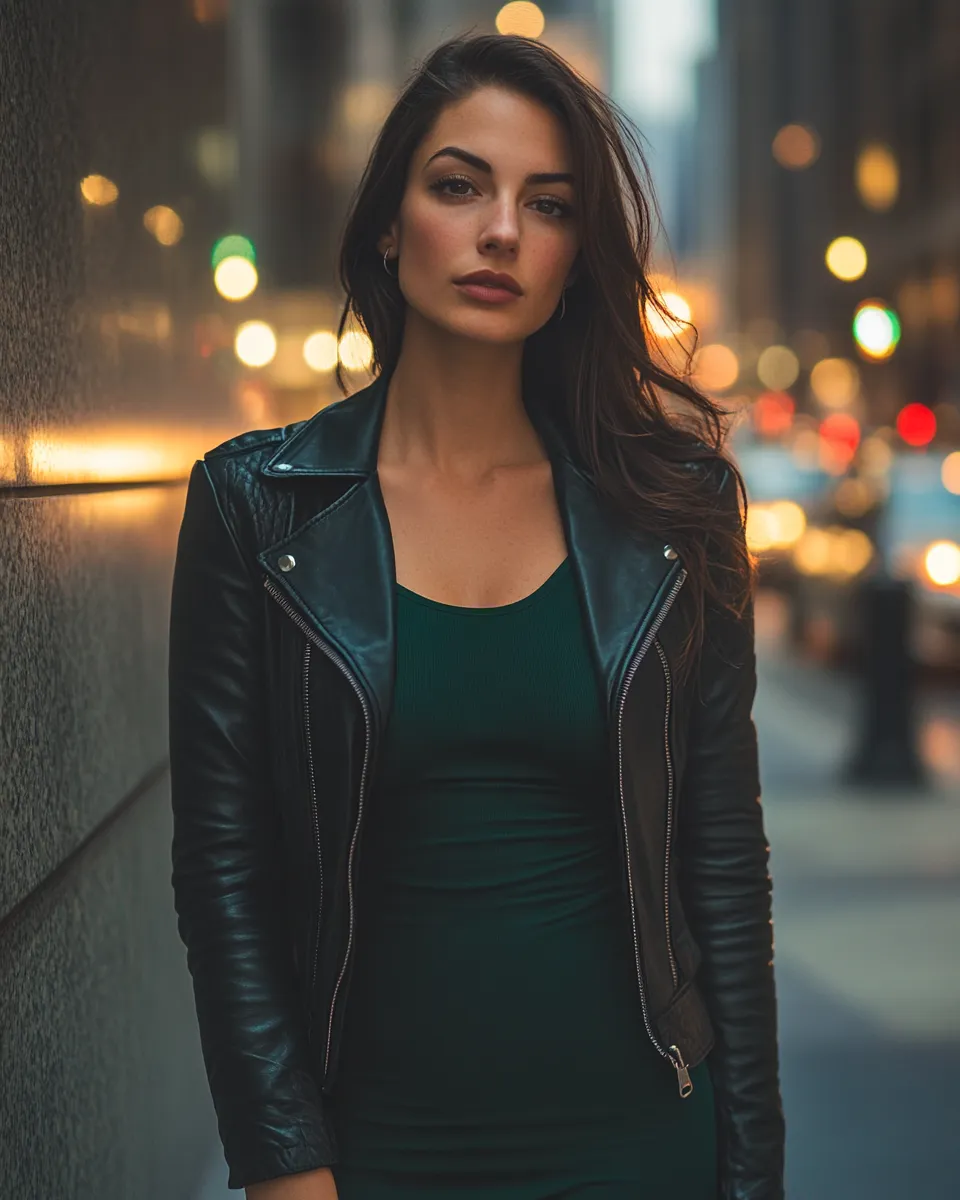 Bodycon midi dress with leather jacket — evening street style