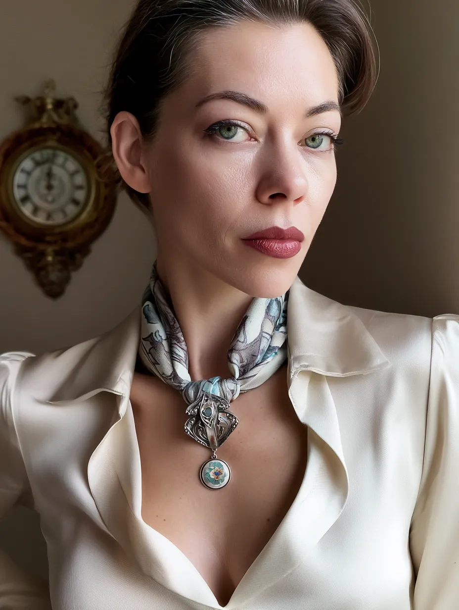Brooch placement on scarf knot creates defined focal point at neck