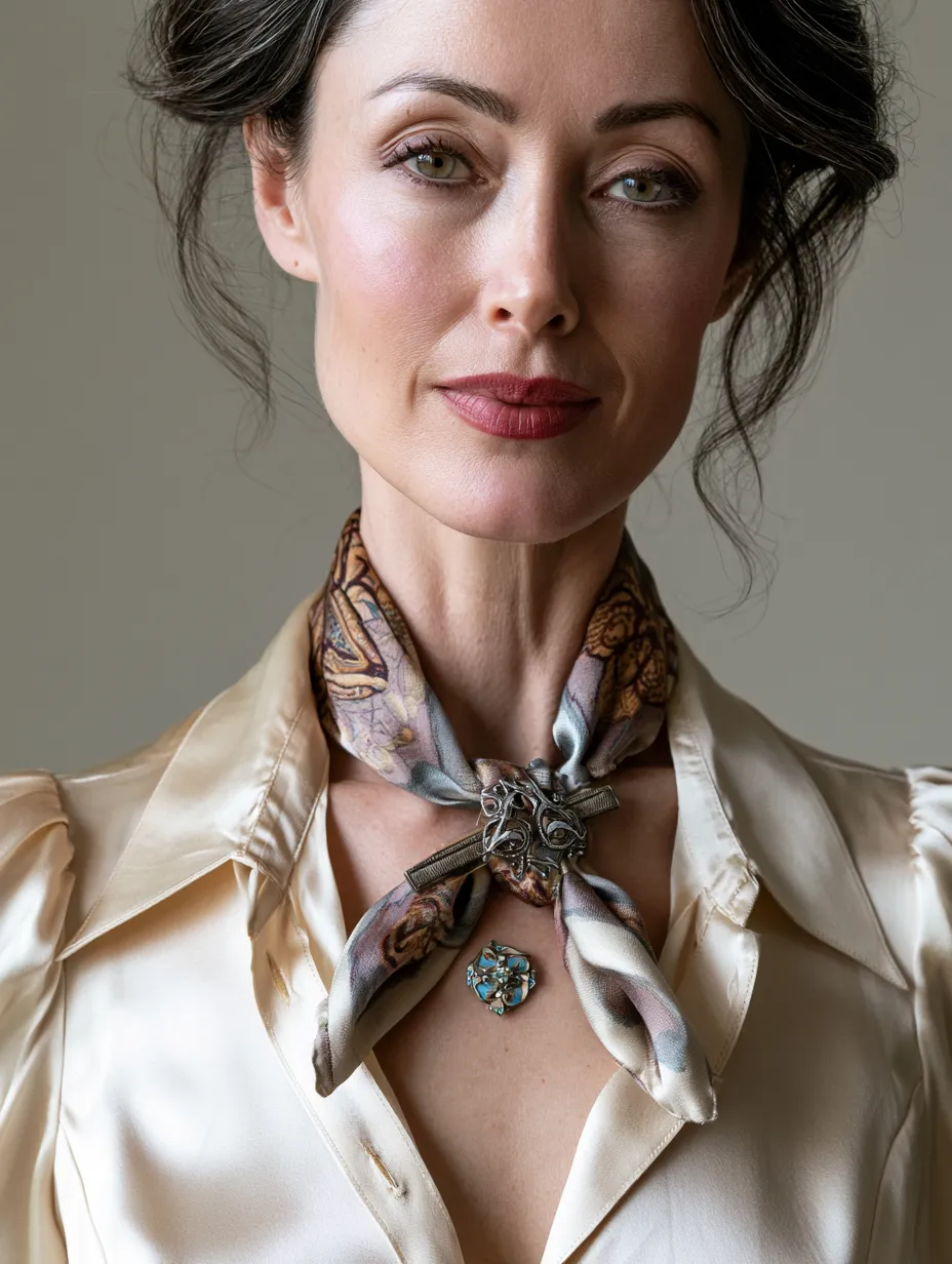 Two pins positioned asymmetrically on printed silk scarf