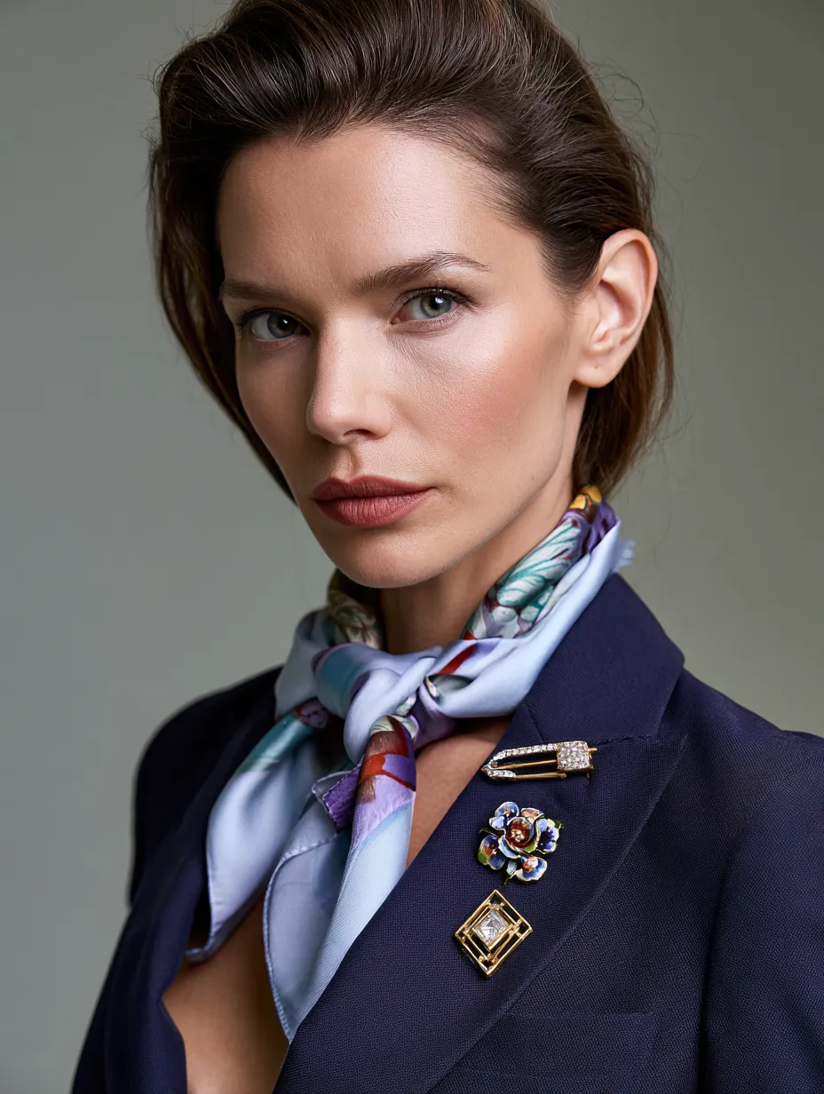 Three stacked vintage brooches clustered on navy blazer shoulder
