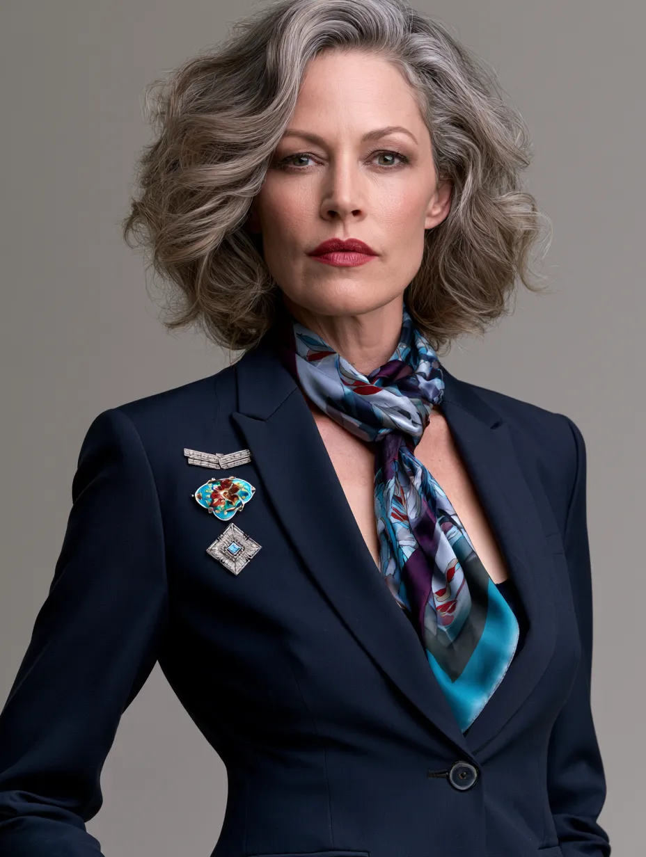 Brooch stacking creates texture on tailored jacket lapel