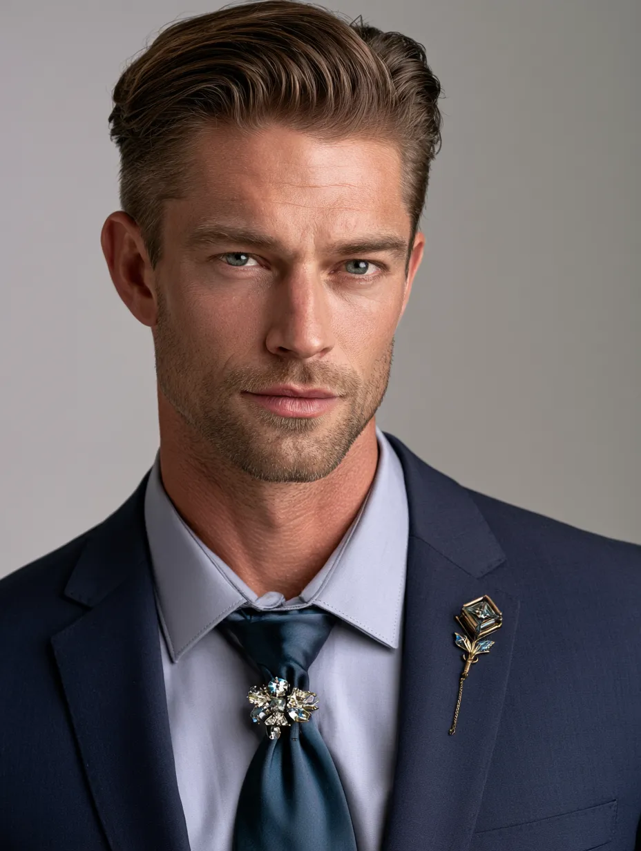 Mixed-price vintage and contemporary brooches on silk tie