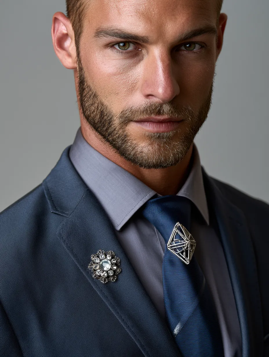 Crystal clip and geometric pin create textural contrast