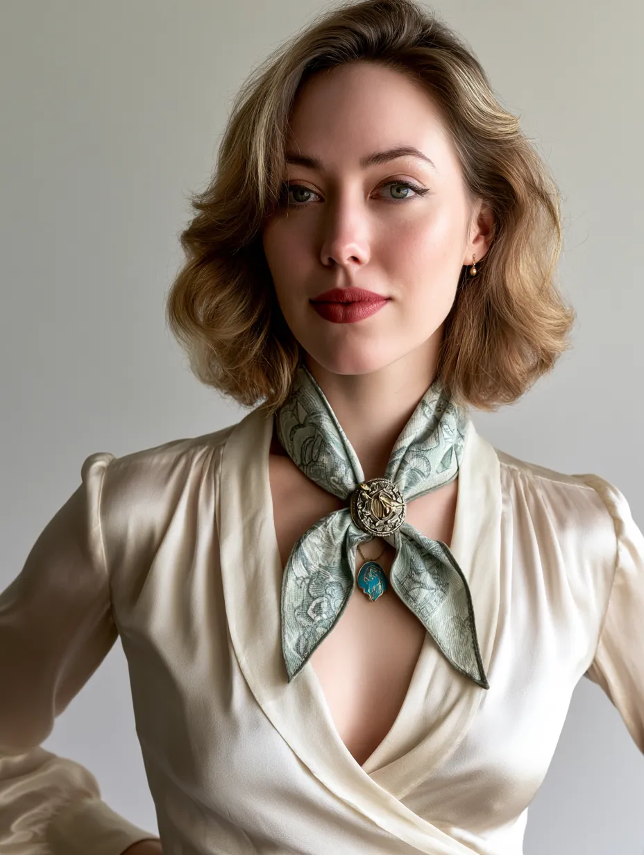 Vintage and contemporary pins layered on scarf for balance
