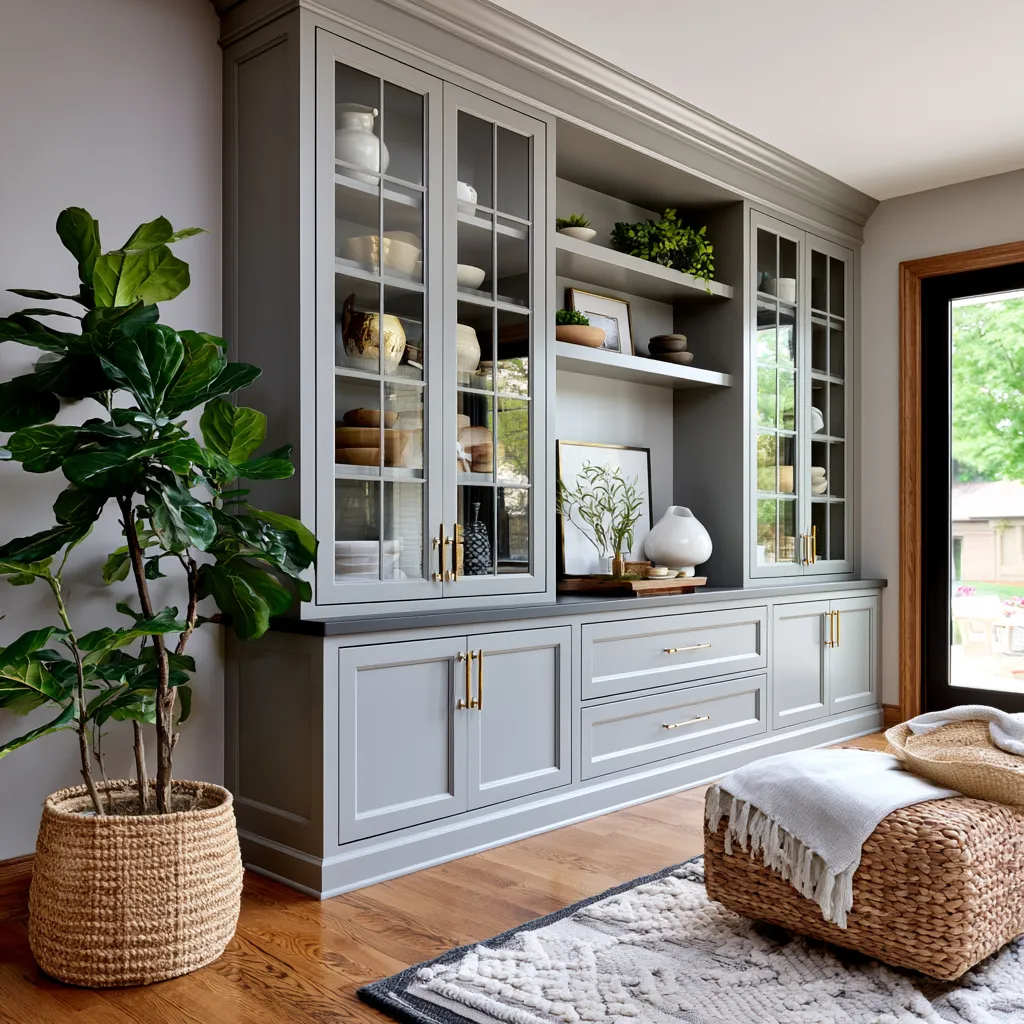 Custom built-in cabinet installation with organized interior view