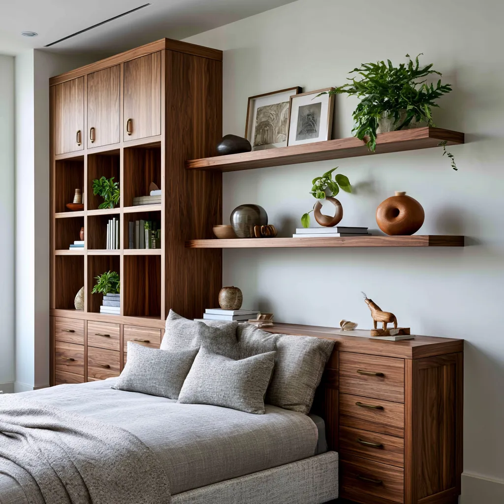 Bedroom built-in cabinets with open shelves and organized storage