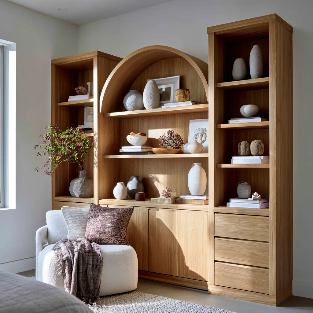 Custom interior cabinet organization with wallpaper lining visible