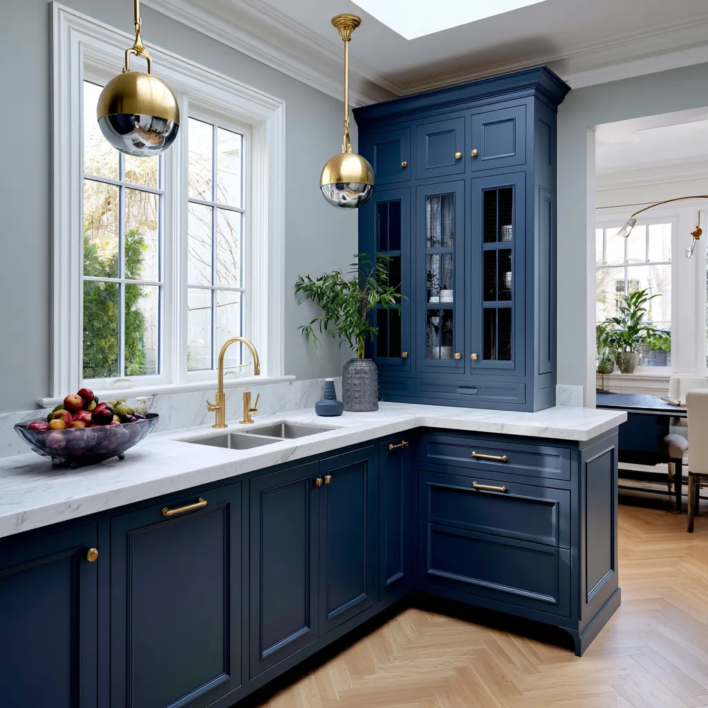 Navy painted kitchen cabinets with brass pulls interior detail