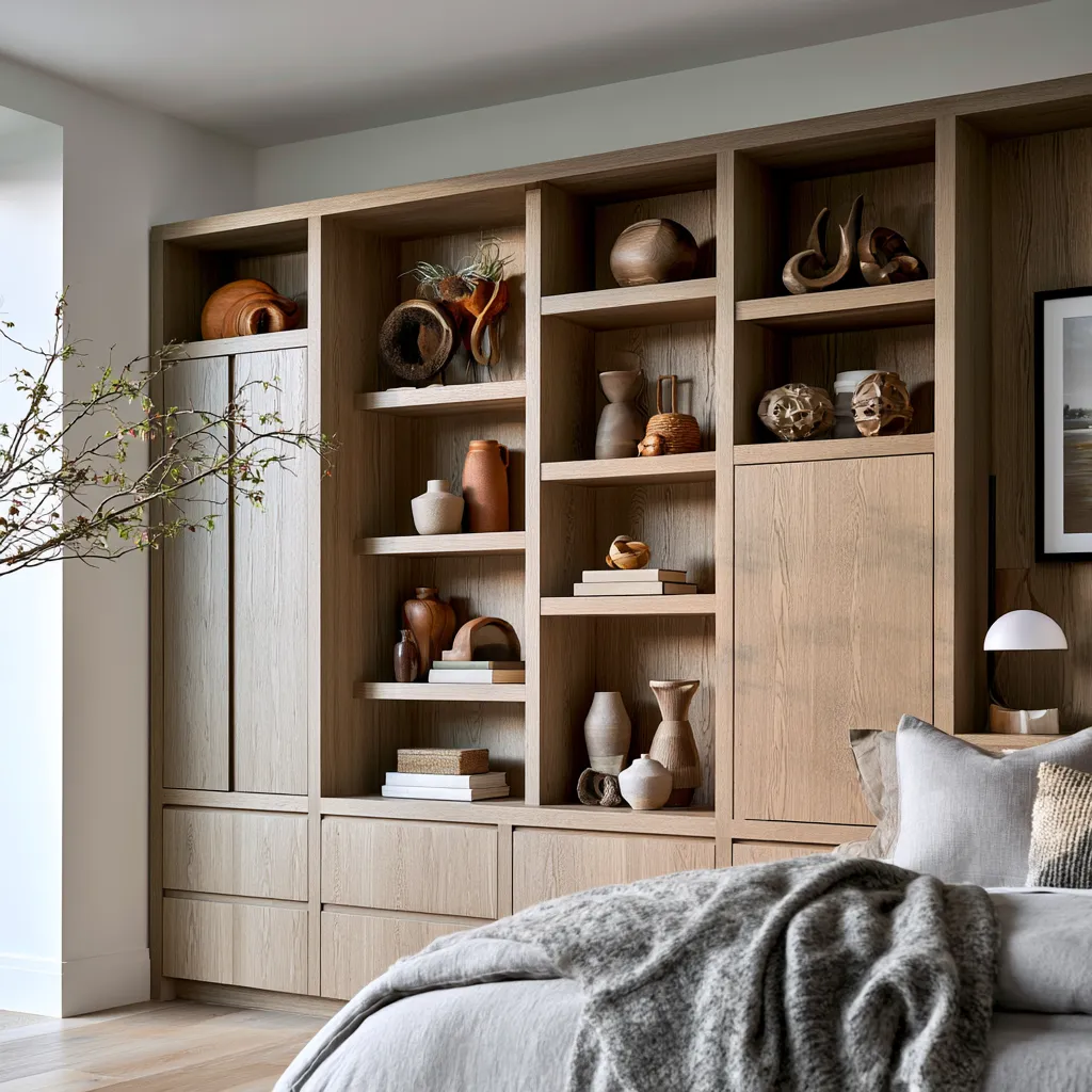 Mixed open and closed cabinet storage bedroom wall