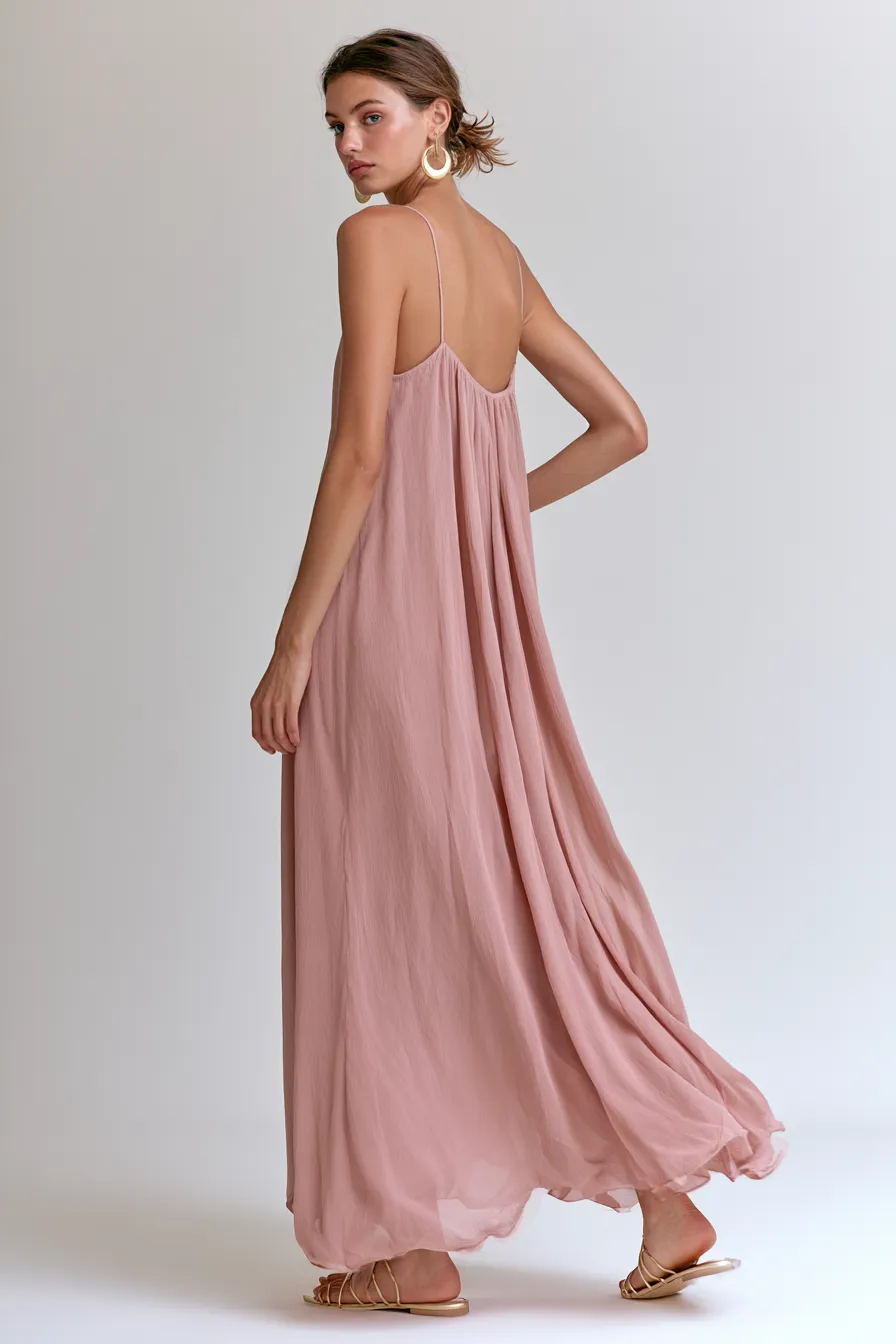 Women's casual wedding guest outfit at a beach ceremony in a chiffon maxi dress