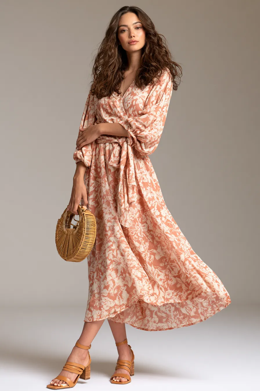 Terracotta floral midi as a relaxed but polished casual wedding guest outfit for women