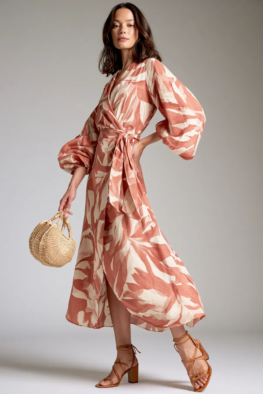 Casual women's wedding guest look in a flowing floral wrap dress with rattan clutch