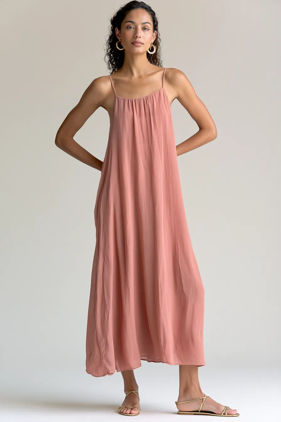 Dusty rose chiffon maxi dress — casual beach wedding guest outfit for women