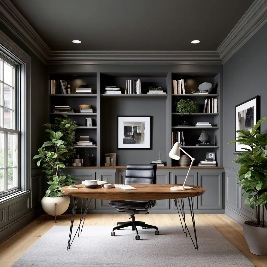 Warm charcoal home office with coordinated ceiling drenching