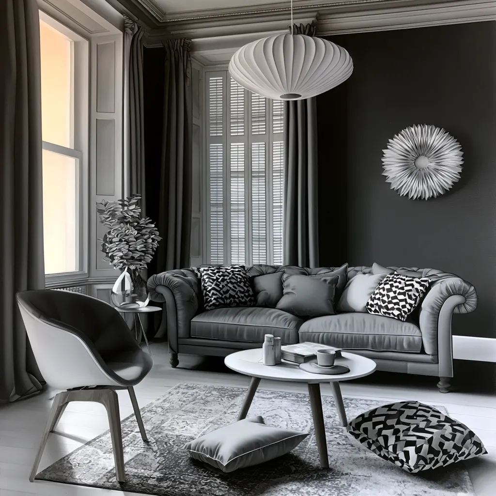 Monochromatic charcoal room demonstrating color drenching technique