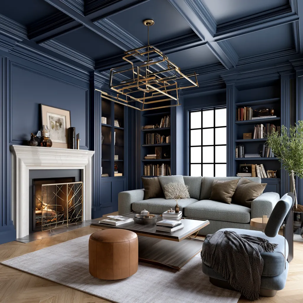 Navy-drenched living space with coordinated ceiling and woodwork
