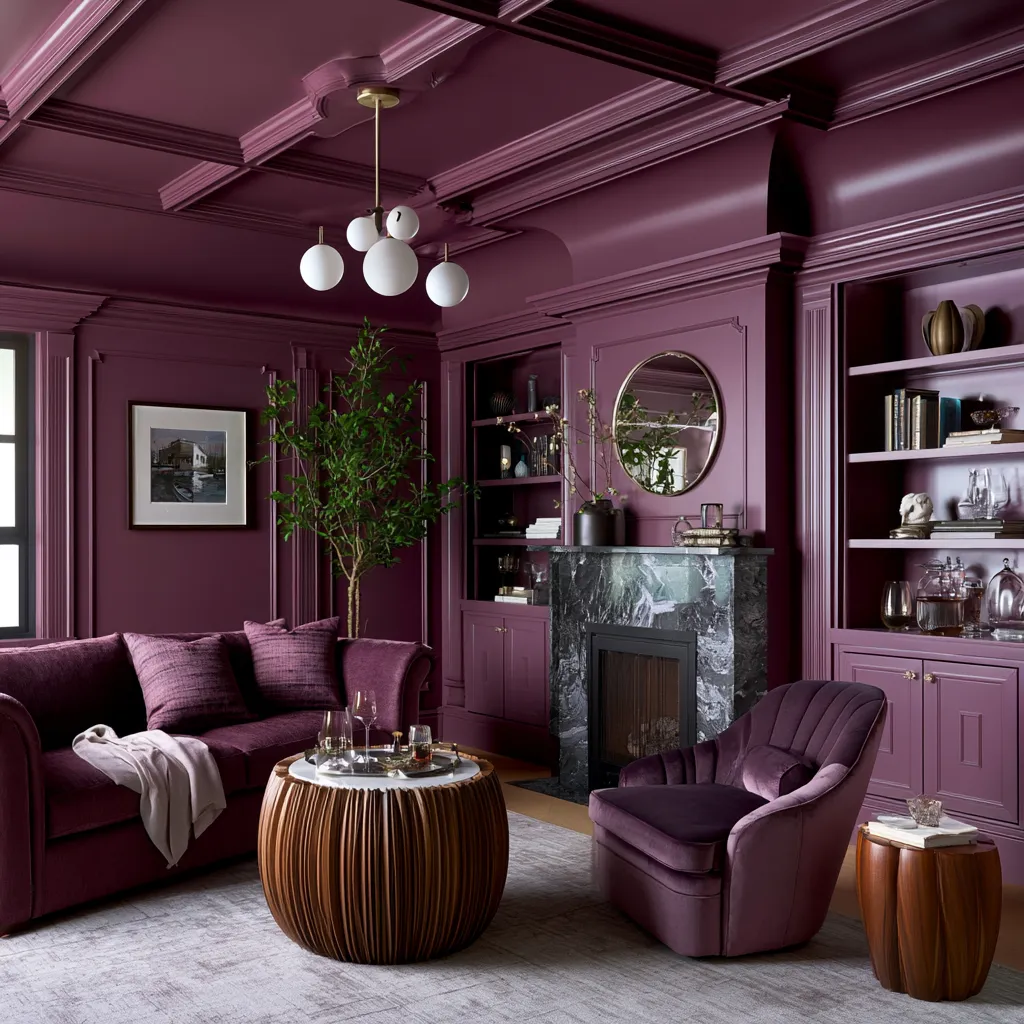Saturated plum room with matching ceiling and trim details