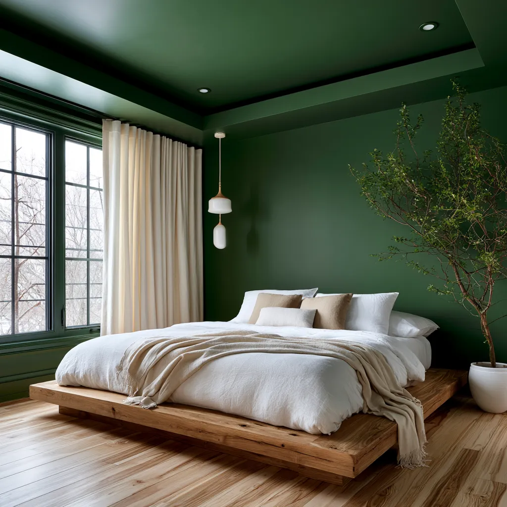 Forest green drenched bedroom showing furniture arrangement