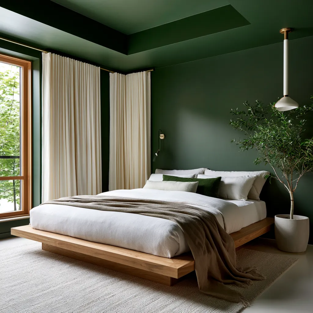 Saturated green room with coordinated ceiling treatment