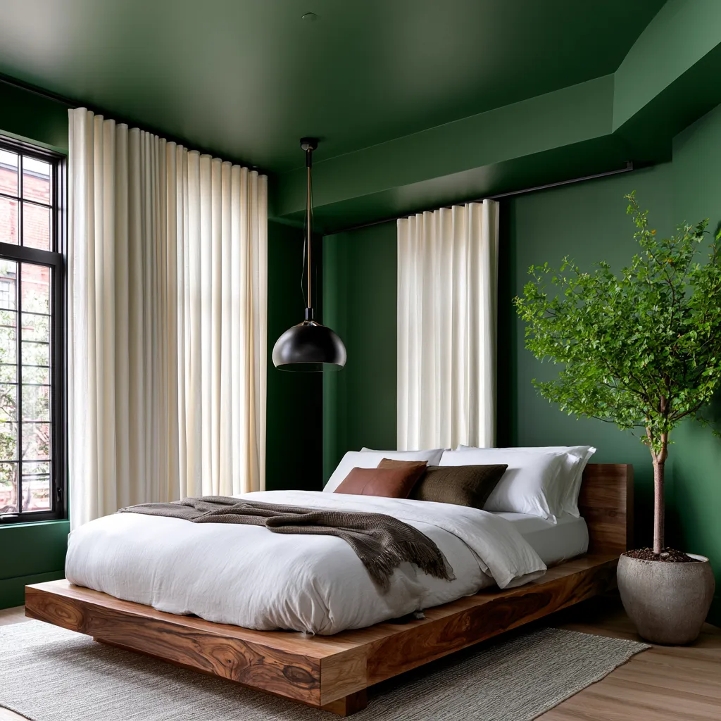 Complete monochromatic bedroom interior with matching surfaces