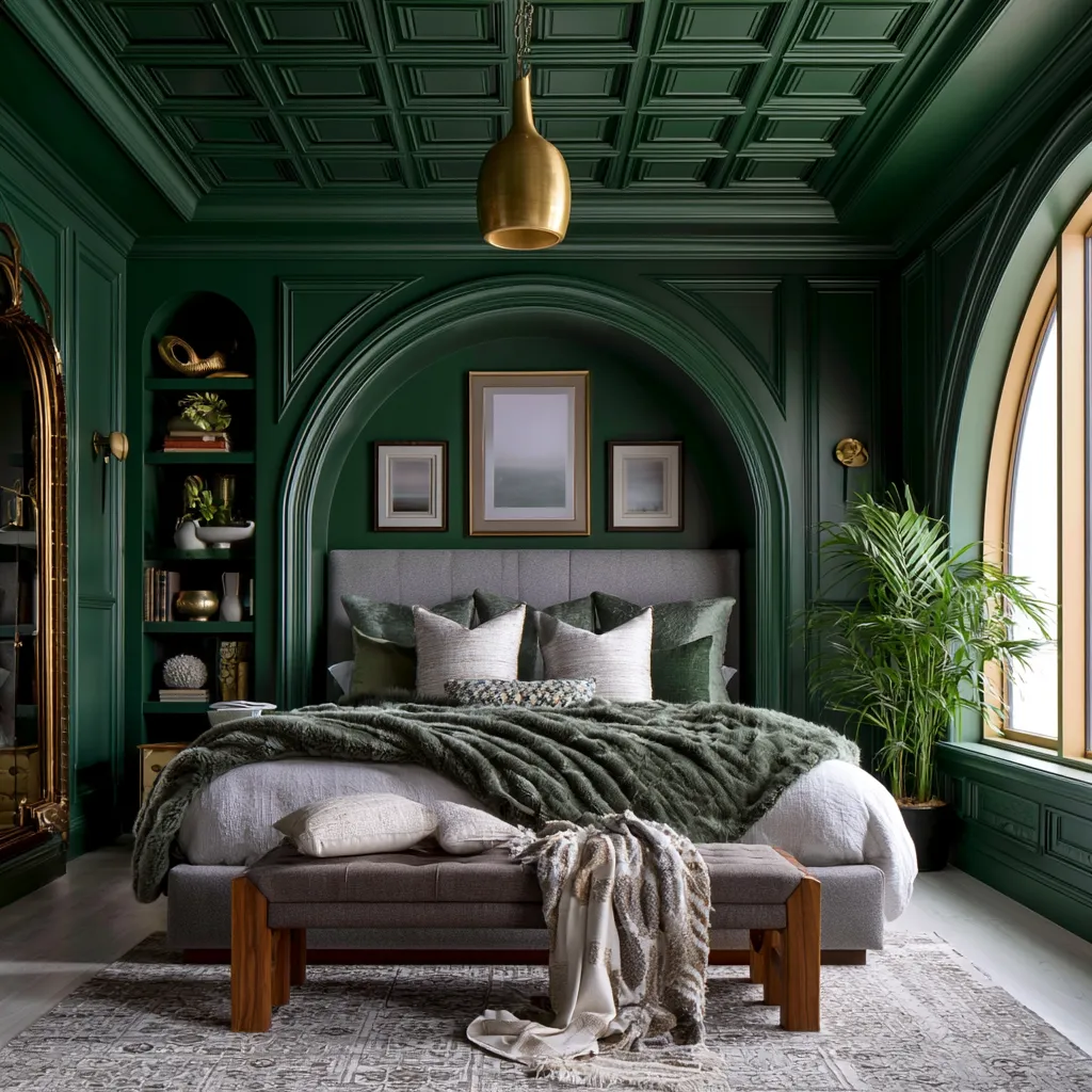 Deep emerald walls and ceiling in bedroom with brass accents