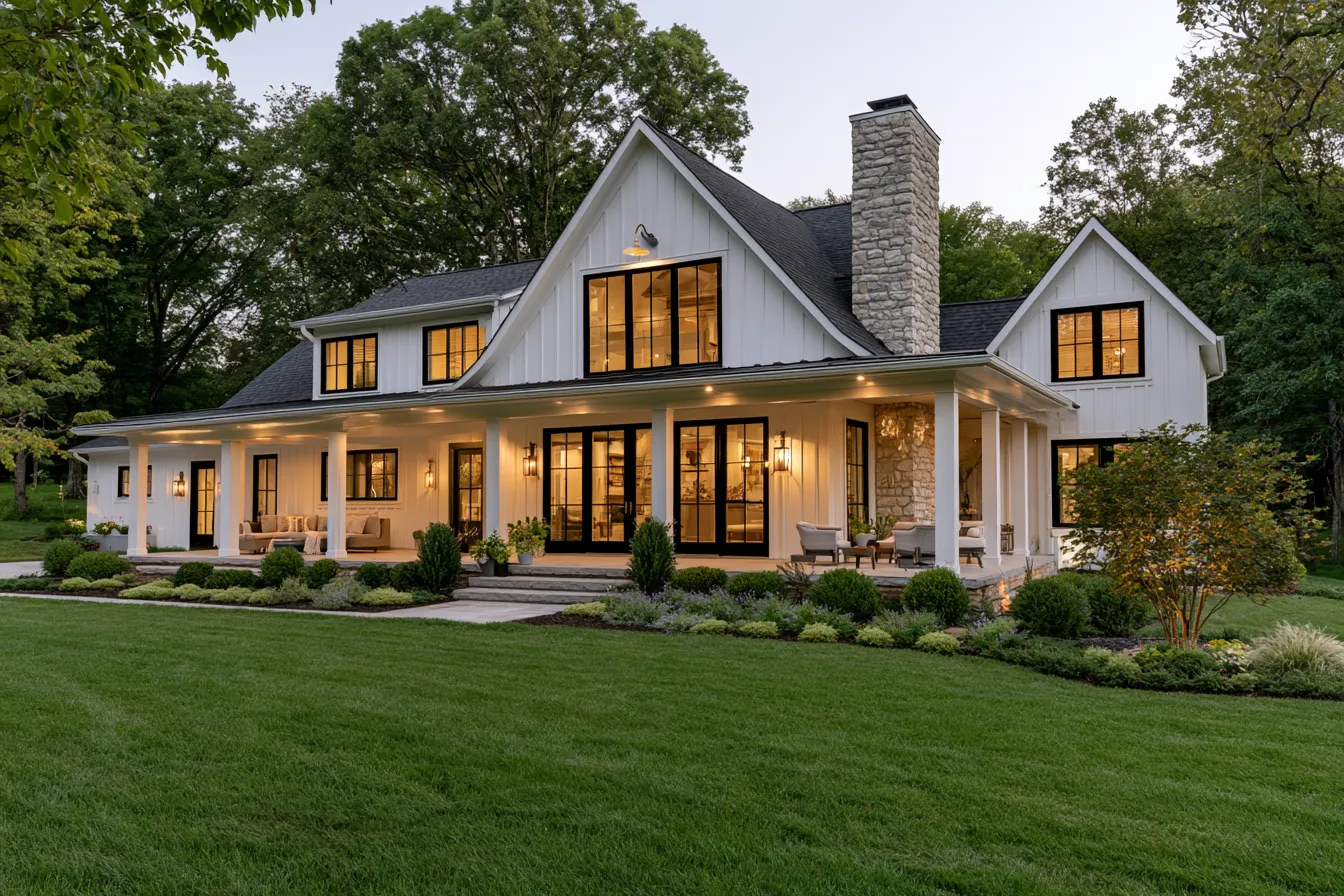 Farmhouse house exterior featuring wraparound porch and stone chimney detail