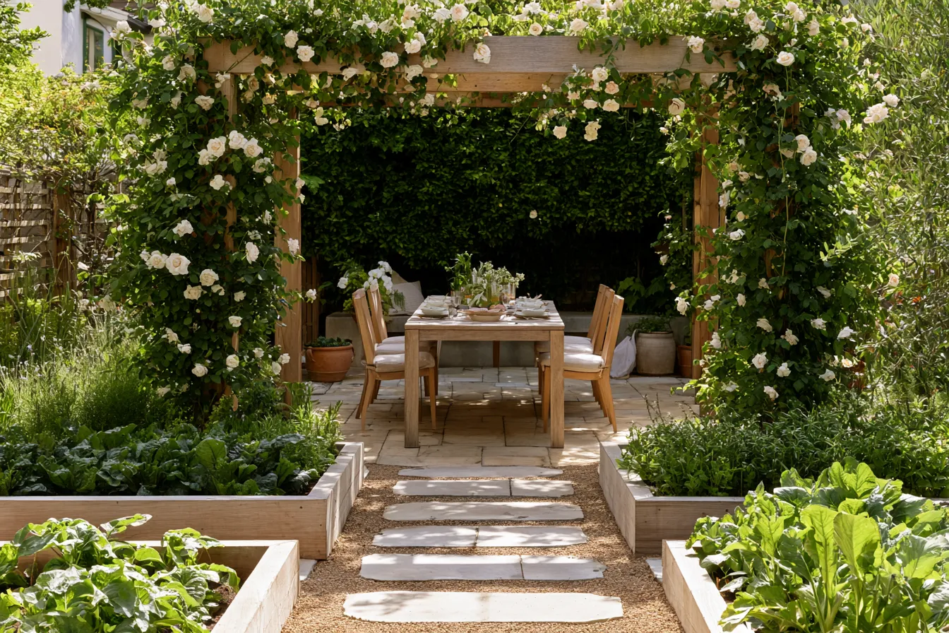 Farmhouse exterior garden idea with natural stone path and climbing plants