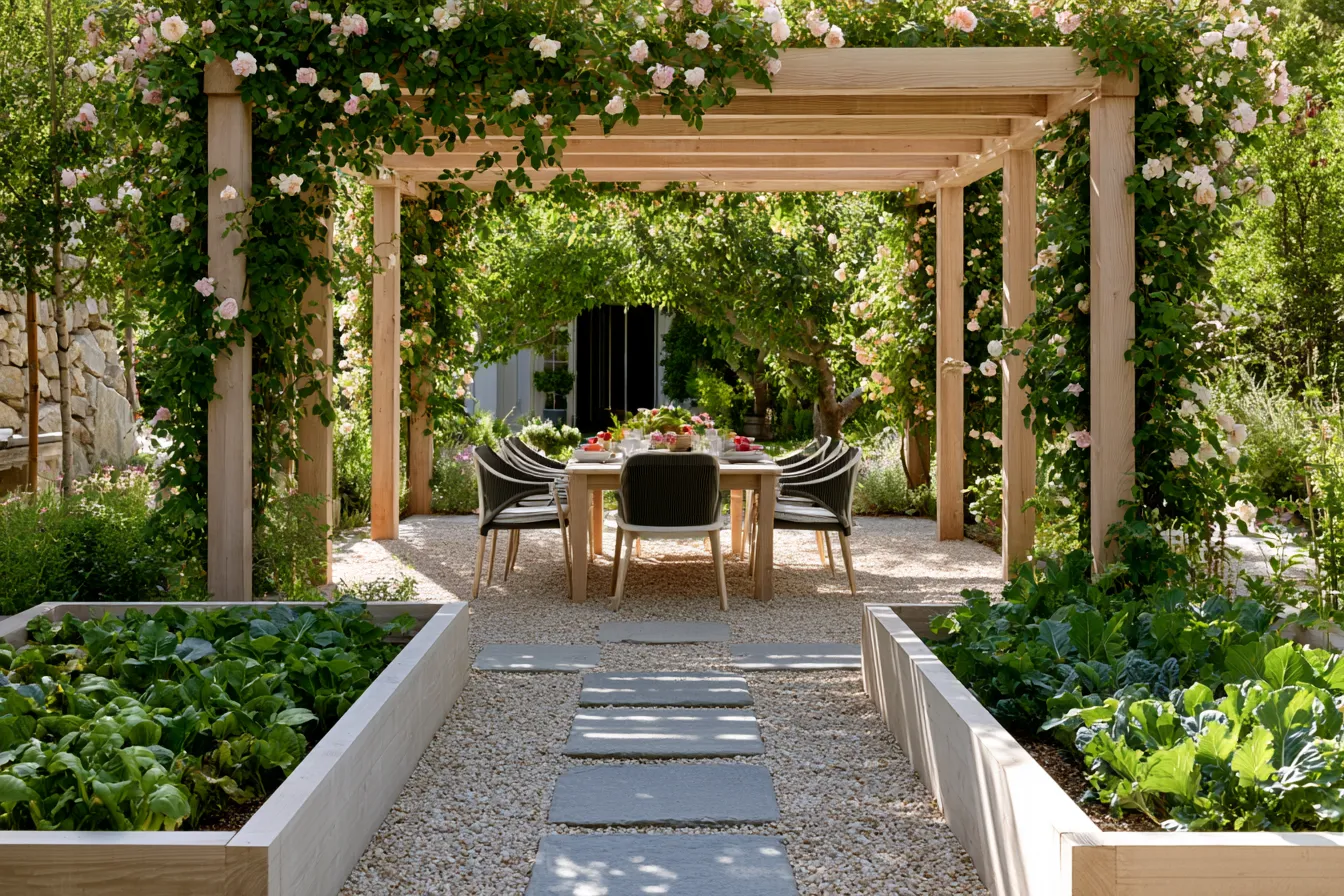 Farmhouse backyard pergola with climbing roses and stone pathway