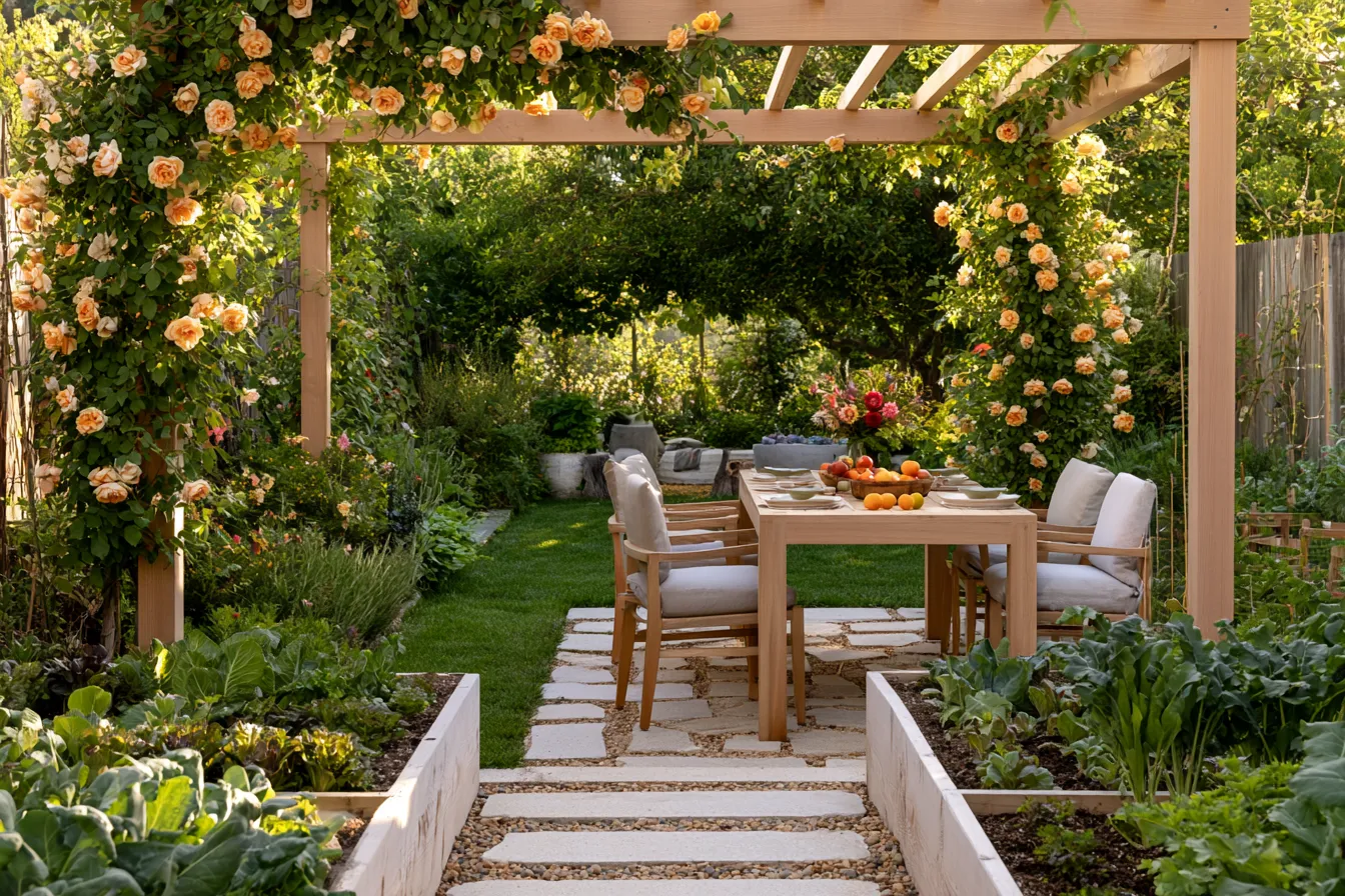 Rustic farmhouse outdoor living space with wooden pergola and raised garden beds