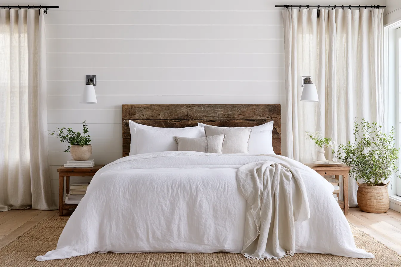 Modern farmhouse master bedroom with warm neutrals and wood accents