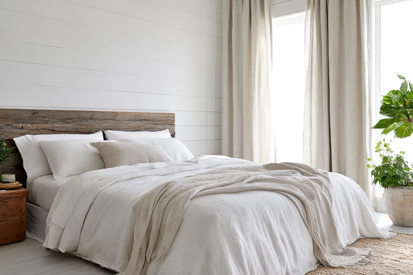 Cozy farmhouse interior bedroom idea with soft morning light and greenery