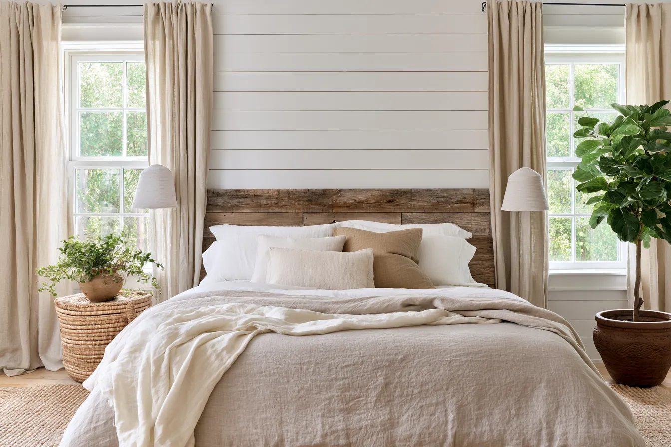 Farmhouse bedroom design with reclaimed wood headboard and linen bedding