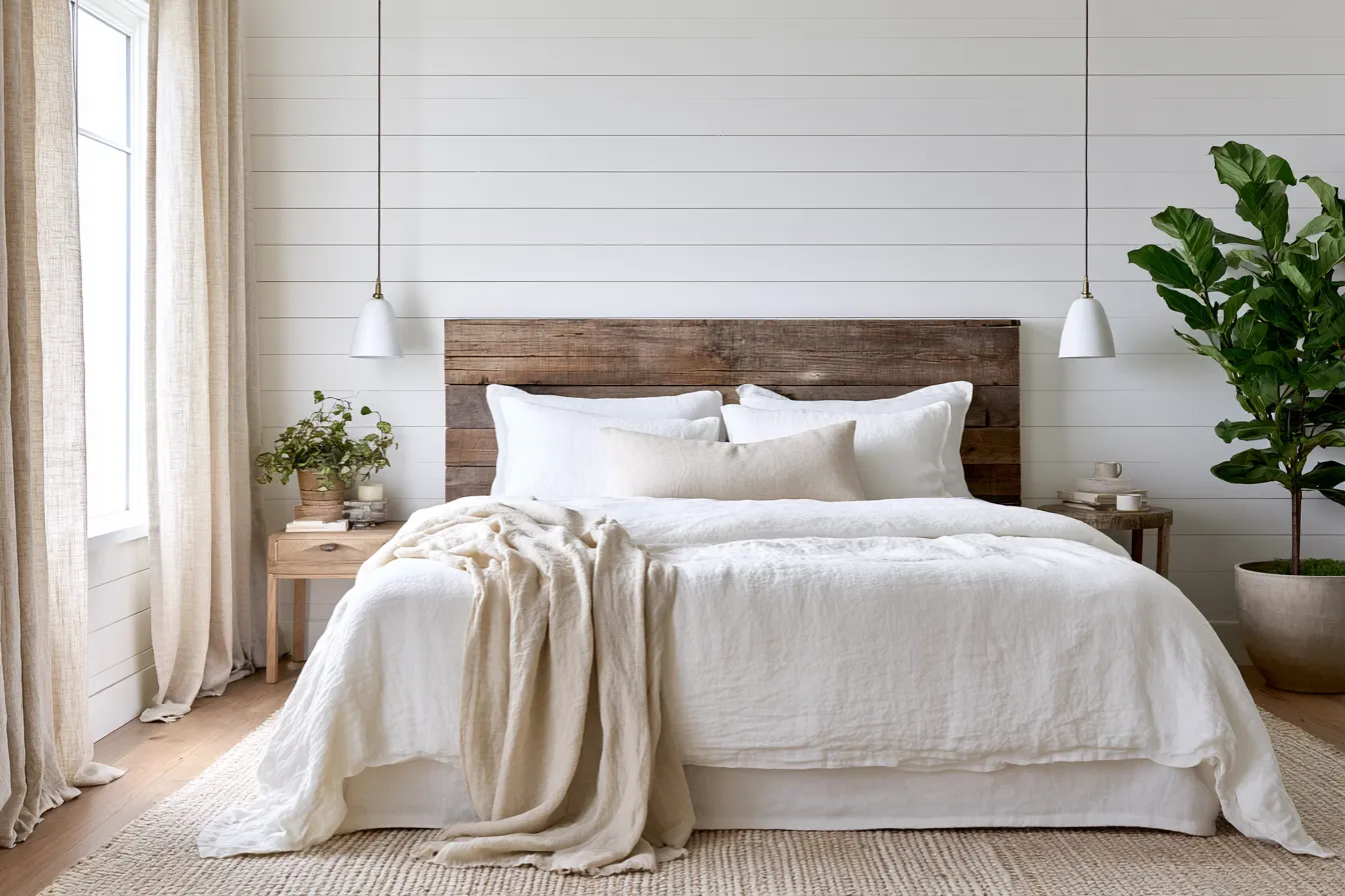 Rustic farmhouse style bedroom featuring shiplap wall and natural textiles