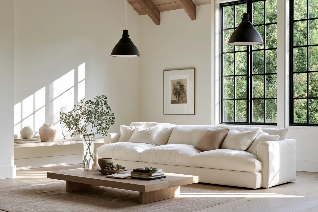Contemporary farmhouse home decor with natural textures and iron pendant lighting