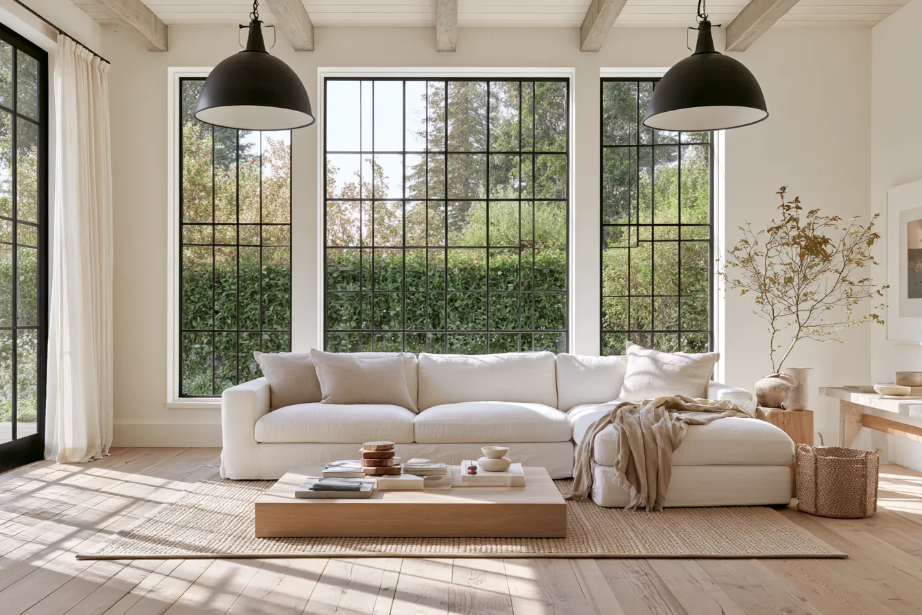 Farmhouse living space with warm wood accents and neutral color palette