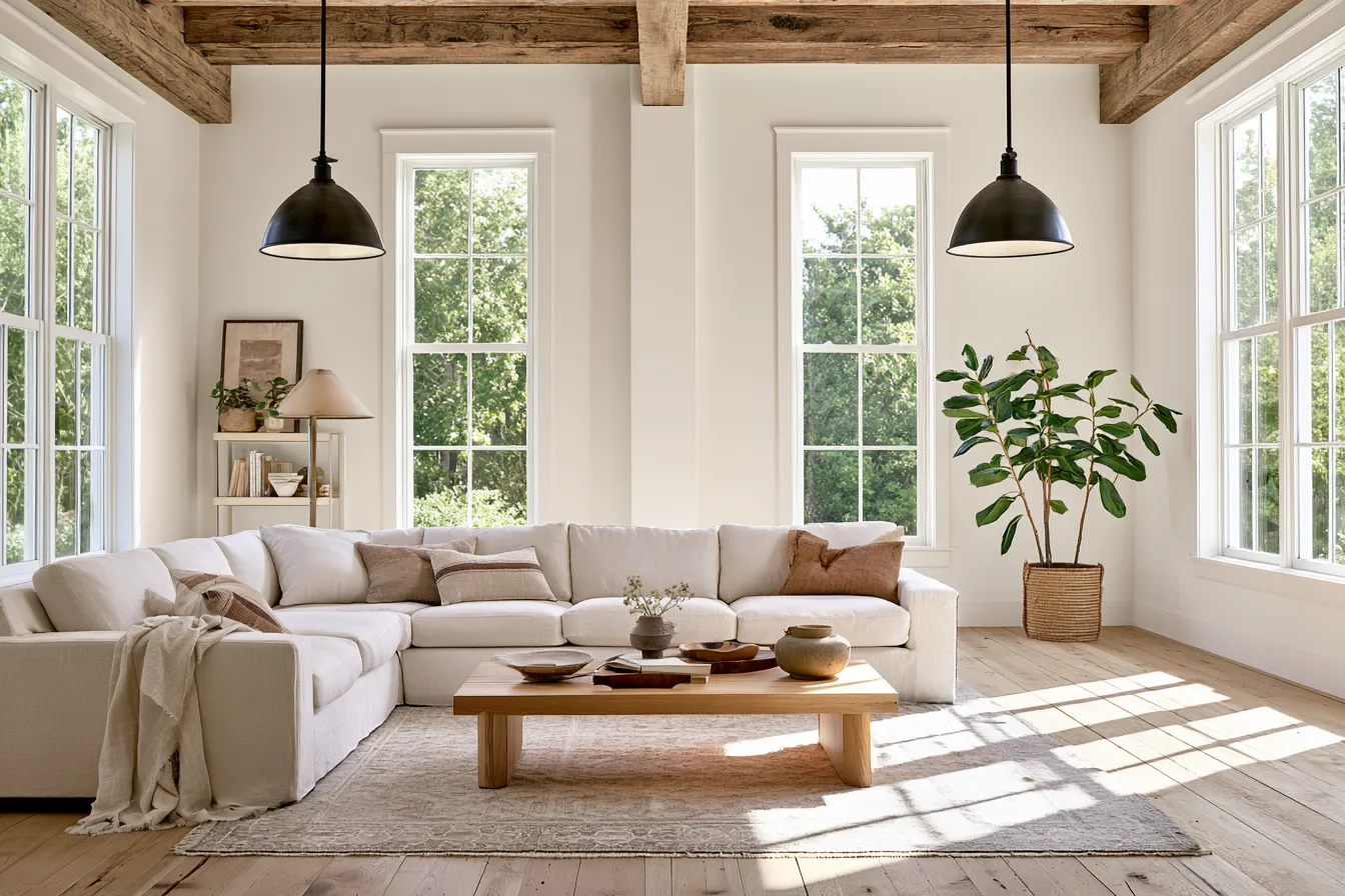 Modern farmhouse style ideas for a living room with wood beams and linen furniture