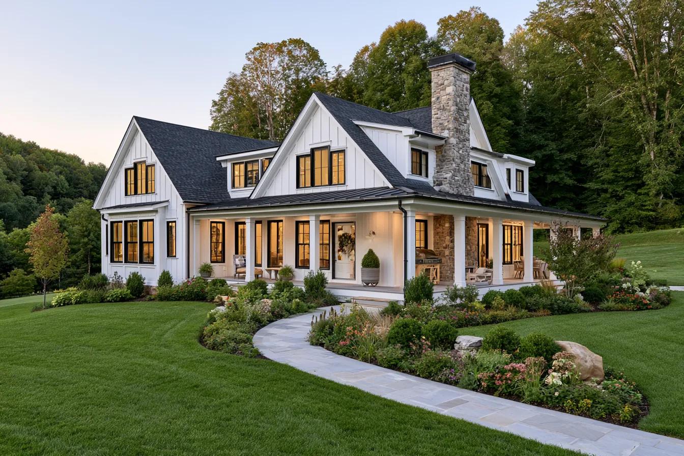Contemporary farmhouse style home exterior with mature landscaping at golden hour