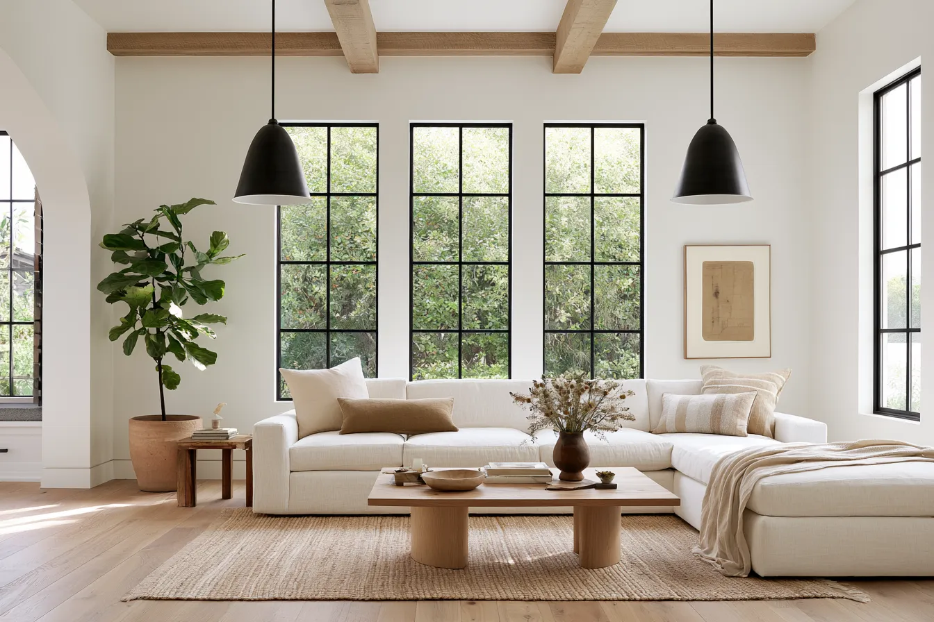 Rustic farmhouse interior design featuring exposed beams and wide plank flooring