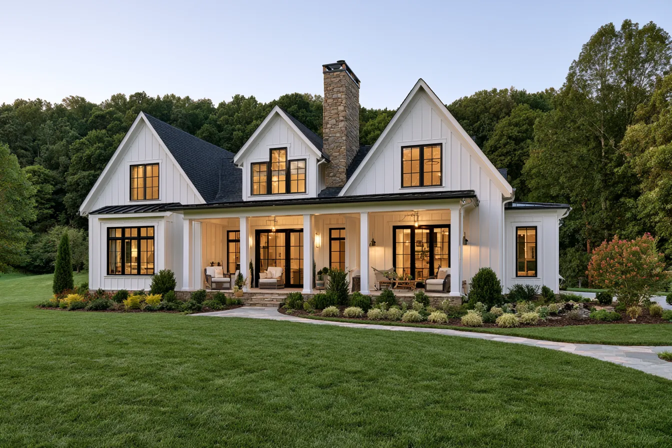 Rustic farmhouse curb appeal idea with natural stone accents and dark window trim