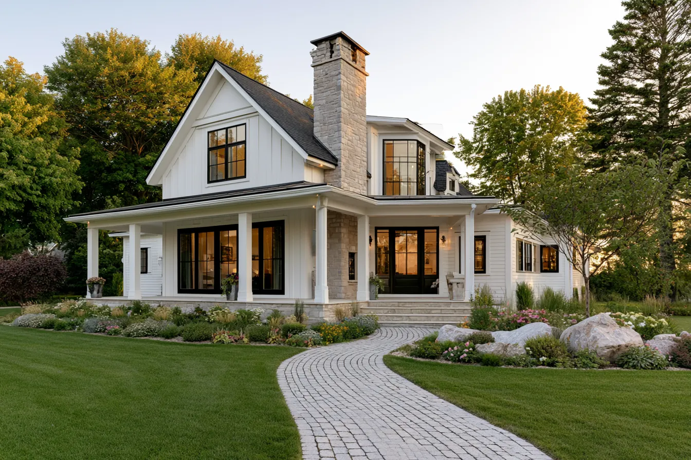 Modern farmhouse exterior design with black windows and white board and batten siding