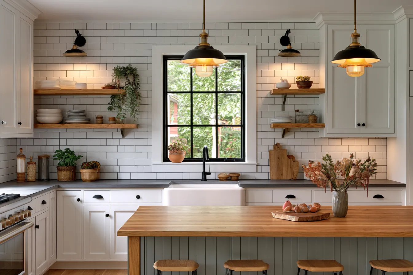 Rustic farmhouse kitchen design featuring white cabinets and wood accents