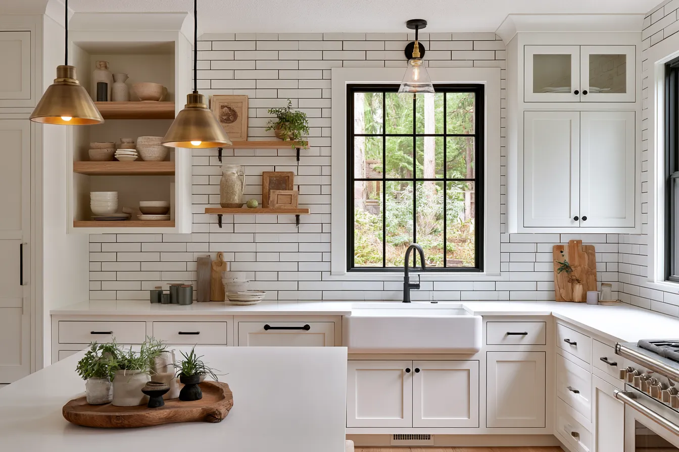 Farmhouse style kitchen ideas with subway tile backsplash and pendant lights