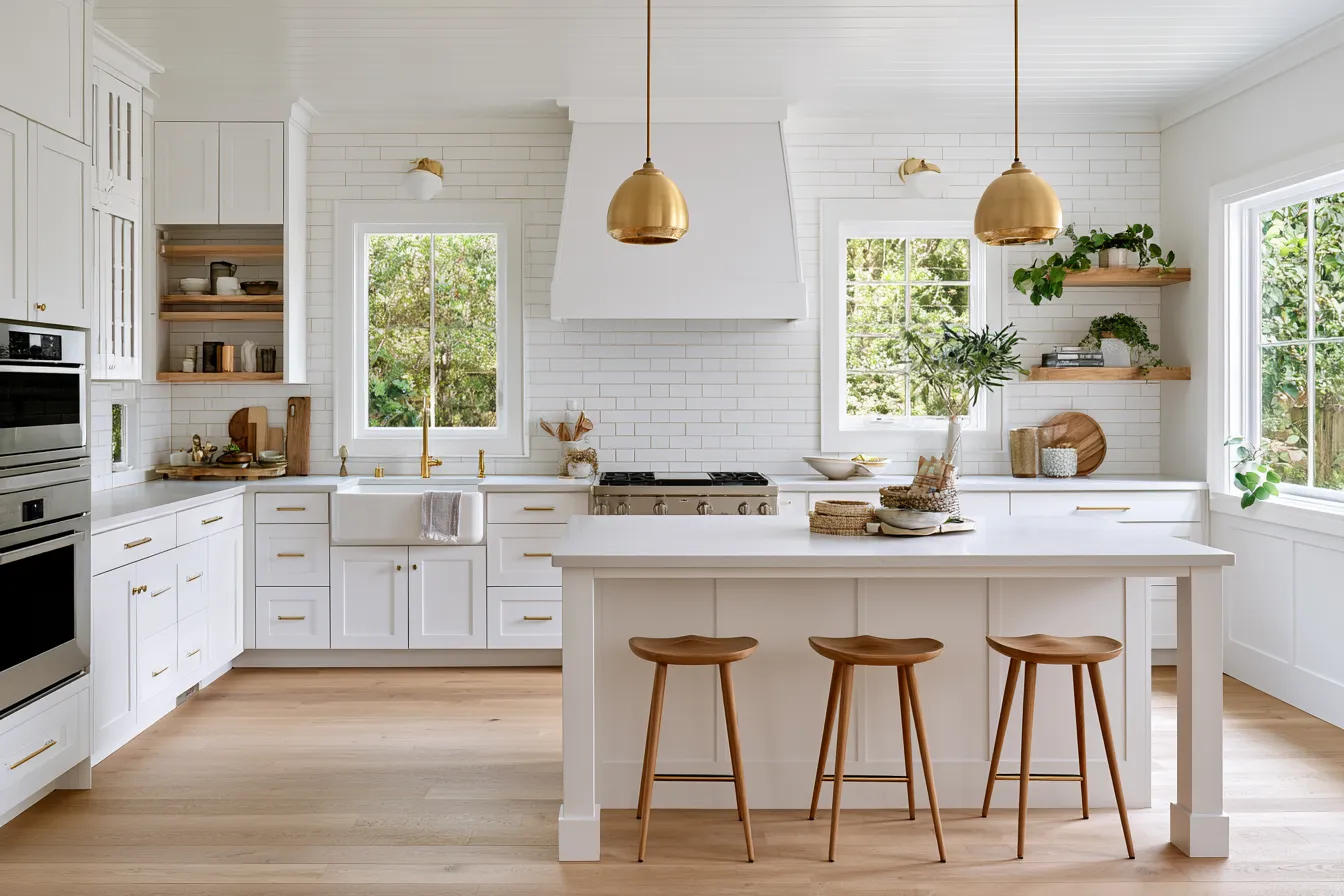Contemporary farmhouse cooking space with shaker cabinets and natural materials
