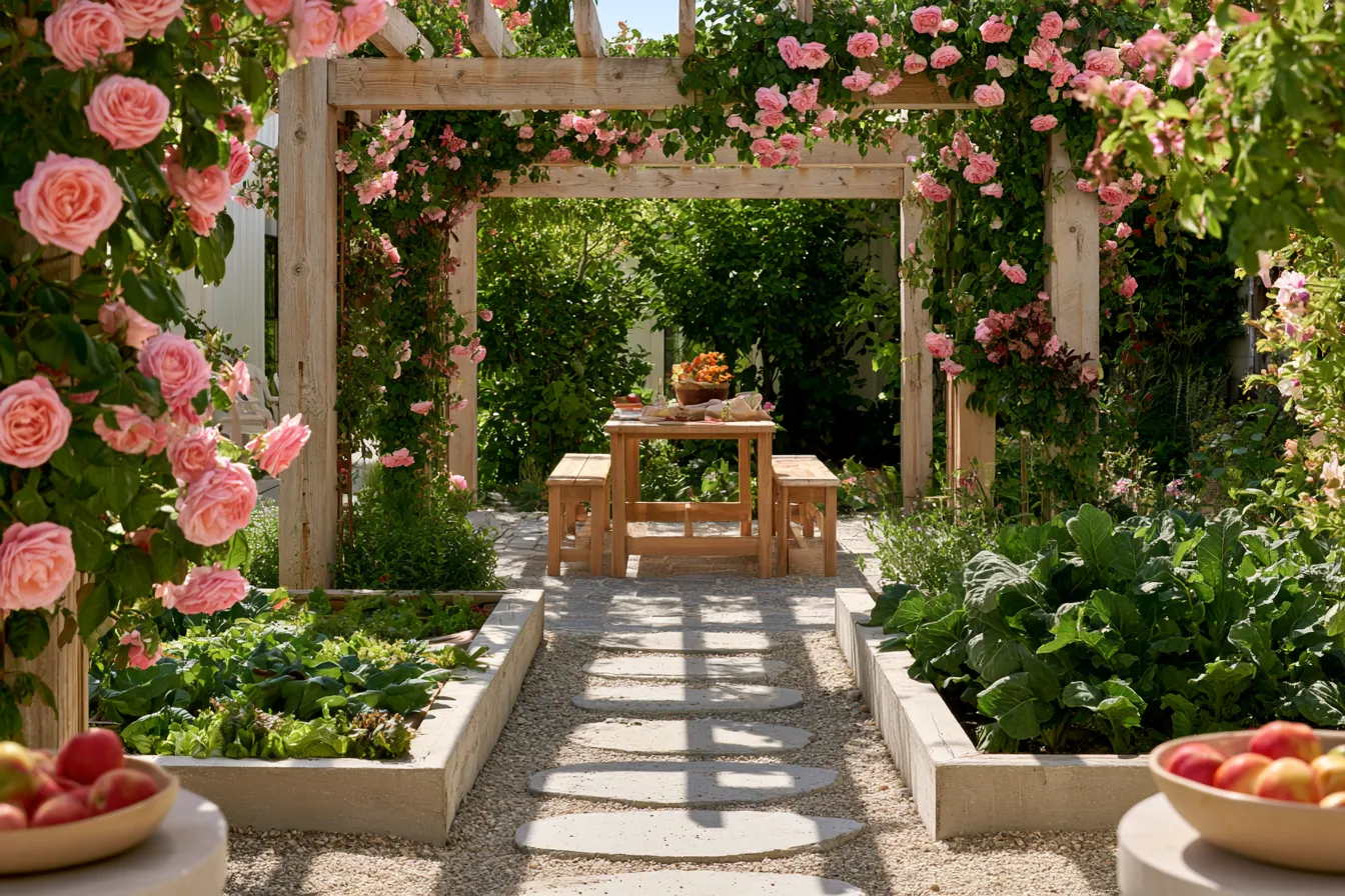 Country farmhouse garden design featuring pergola and outdoor dining area