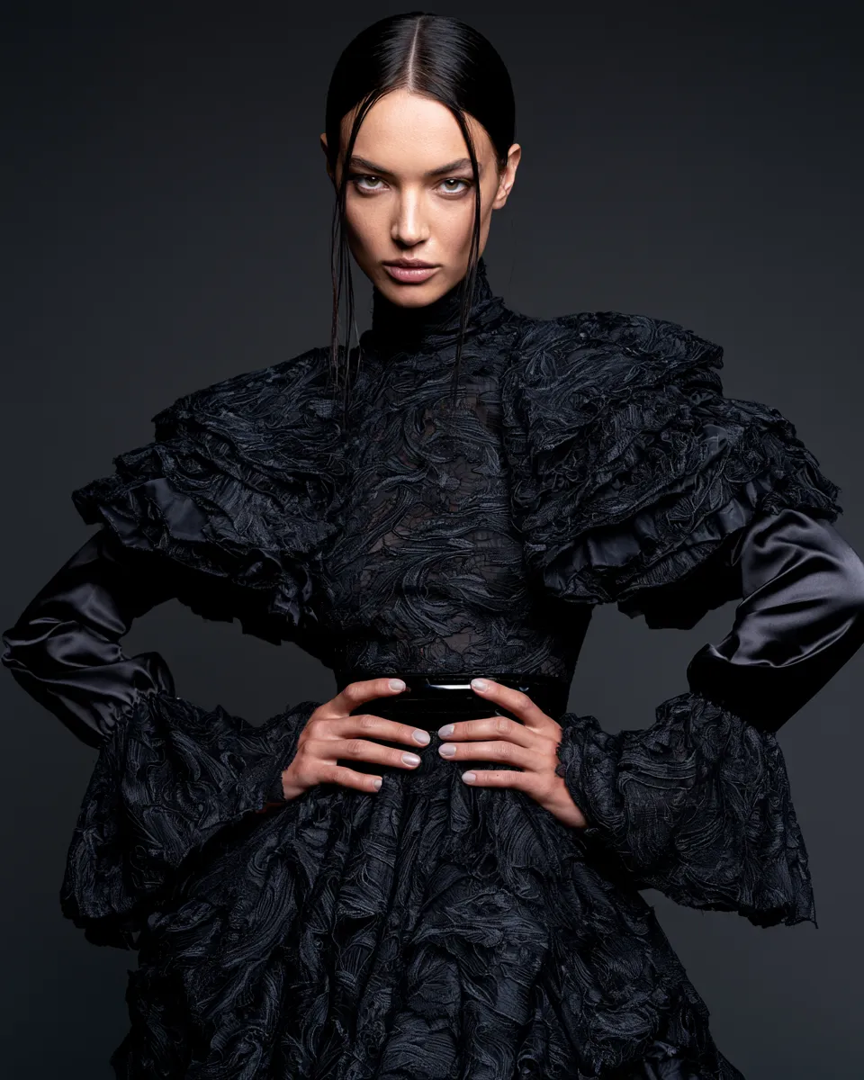 Model in a gothic black lace and satin fashionable statement outfit, studio editorial shoot, full-length standing pose with dramatic moody lighting for a high-end magazine.